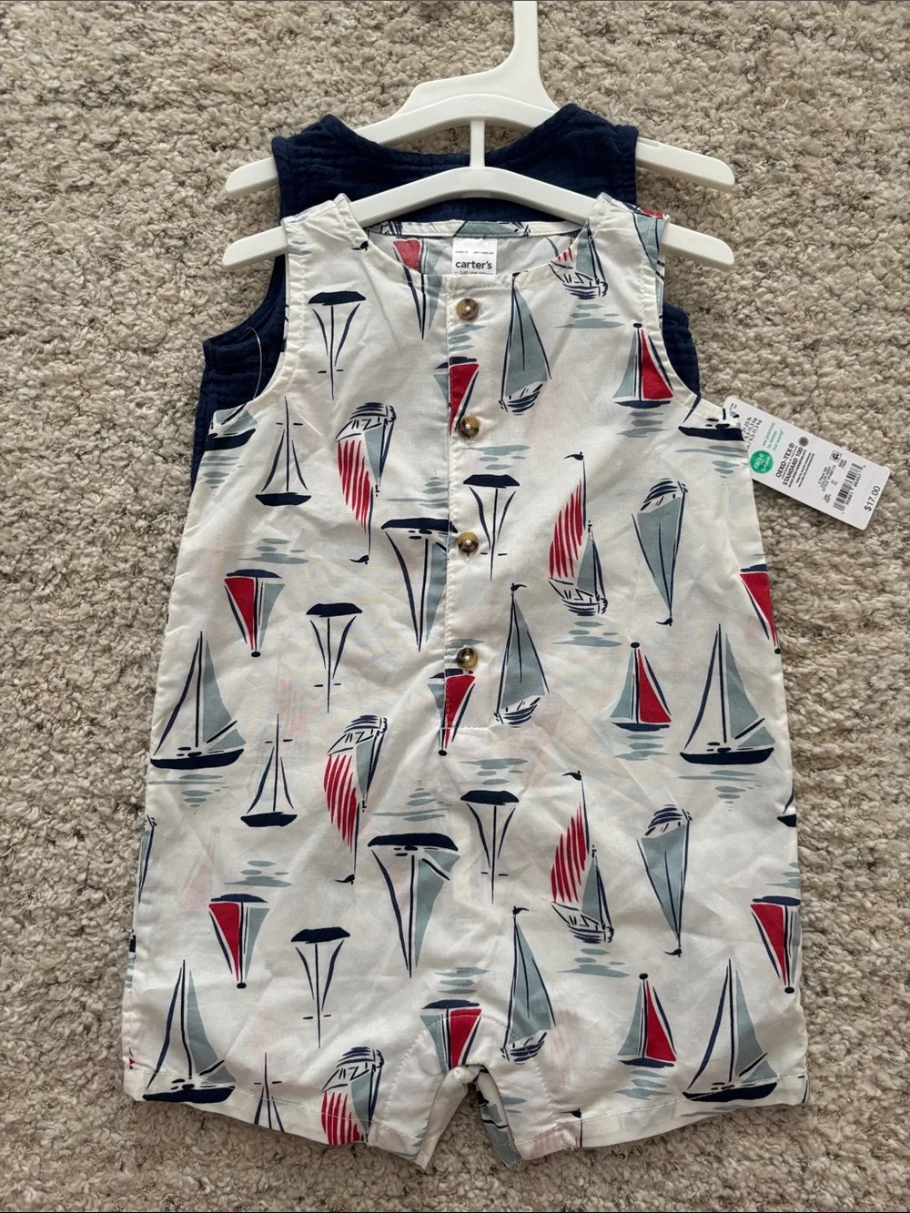 Carter's 12M Sailboat Print and Gauze Sleeveless Romper - White, Red & Navy